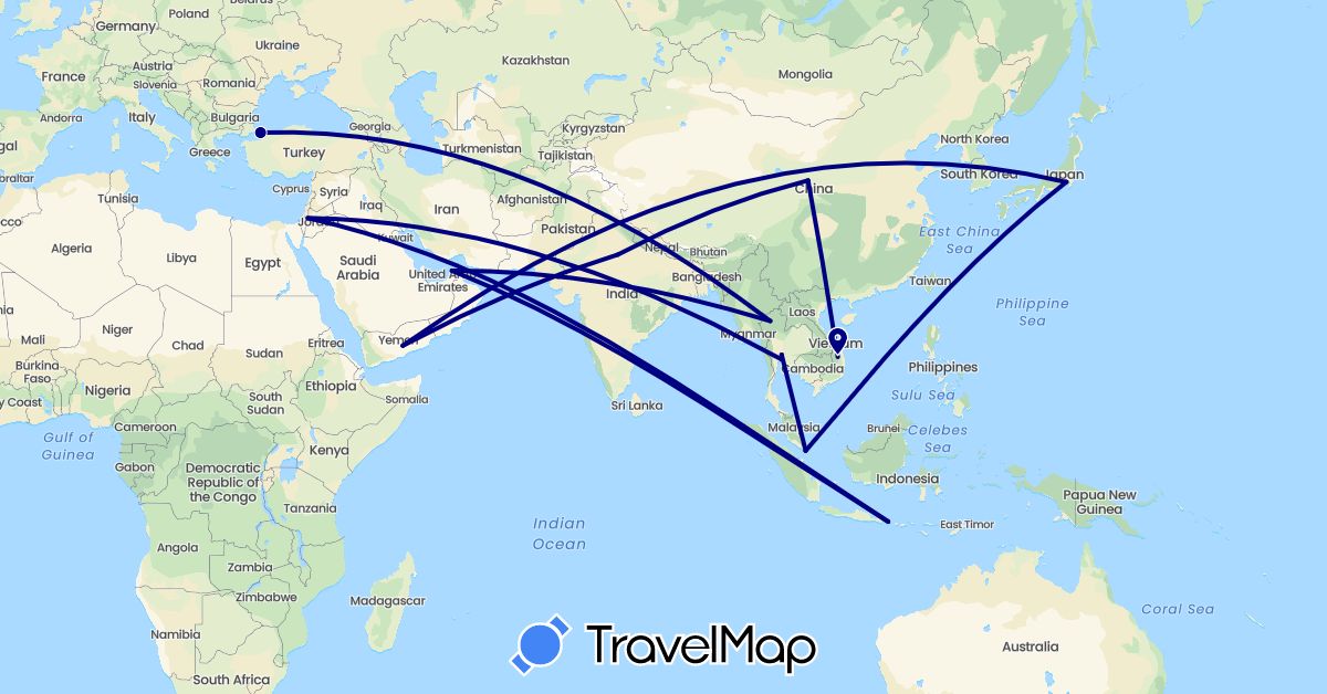TravelMap itinerary: driving in United Arab Emirates, China, Indonesia, India, Japan, Singapore, Thailand, Turkey, Vietnam, Yemen (Asia)